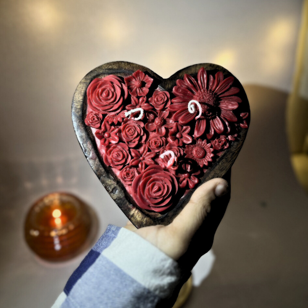 Floral Wooden Heart Candle - Image 2